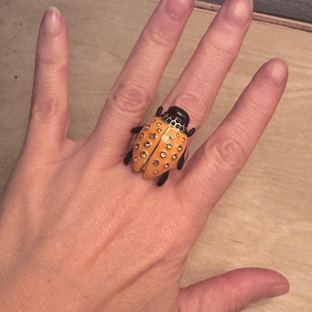 Large Orange Ladybug Beetle Statement Ring with Rhinestones Size 7.25